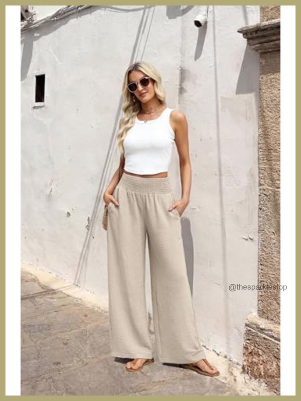 Wide Leg High Waist Pants with Pockets, 100% Polyester, Casual Trousers - Picture 4 of 6